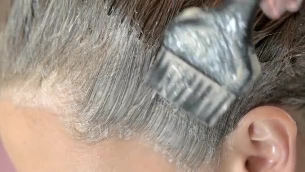 머리 염색 염색을 할 때 사용하는 죽어 가는 과정을 가까이 서 — 비디오