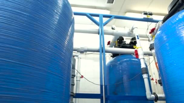 Industrial water filters white pipes and red valves purification of water — Stock Video