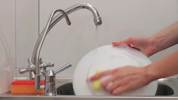 Χέρια της γυναίκας πλύσιμο των πιάτων — Αρχείο Βίντεο