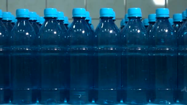 Ряди пляшок води вид збоку пляшок — стокове відео