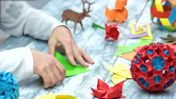 Origami katlama dersindeki adam güzel origami koleksiyonu yapıyor. — Stok video
