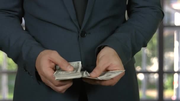 Hände des Mannes zählen Bargeld Geschäftsmann steckt Dollar in die Tasche — Stockvideo