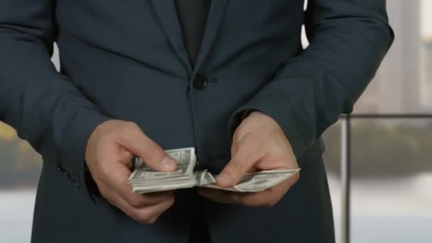 Erkek elleri dolar sayıyor. Adam cebine para koyuyor. — Stok video