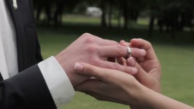 Gelin damada nikah yüzüğü takıyor. Genç çifti düğün töreninde parmaklıyor.