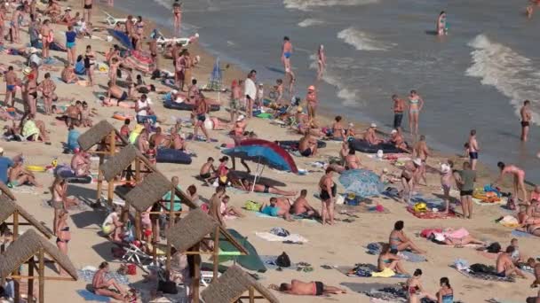 Trångt strand dagtid människor vid havet — Stockvideo