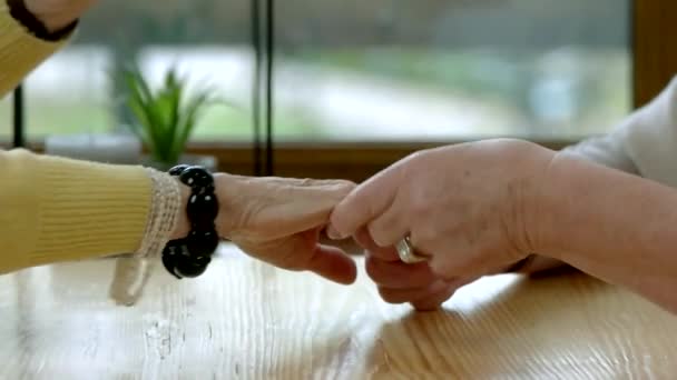 Ältere Frauen halten Händchen zwei Personen am Tisch — Stockvideo