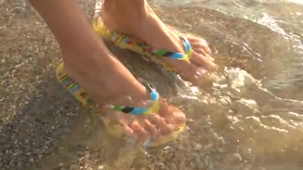 Pés femininos vestindo chinelos água limpa na praia — Vídeo de Stock