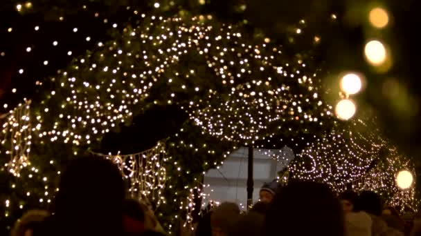 Colgando ledes por encima de la celebración de Navidad de la gente — Vídeos de Stock