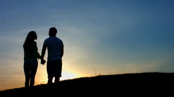 快乐的结局恋人在山里散步 — 图库视频影像