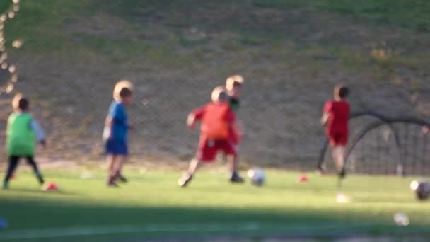 Niños en el entrenamiento de fútbol fondo borroso — Vídeo de stock