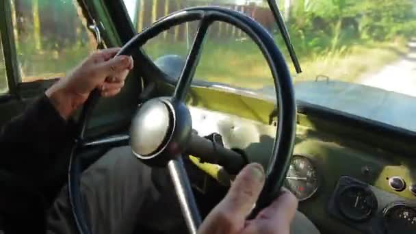 Old car goes through the countryside steering wheel of retro car — Stock Video