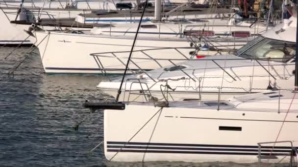 Yacht hamn nära piren med segelbåtar — Stockvideo