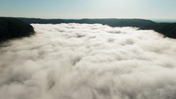 Densas nuvens baixas cobrindo um vale de montanha — Vídeo de Stock