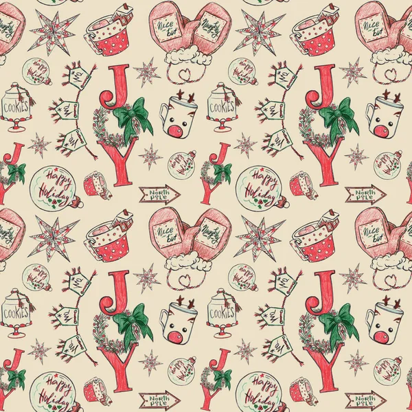 Patrón Sin Costuras Navidad Vacaciones Tema Dibujado Con Lápices Color —  Fotos de Stock