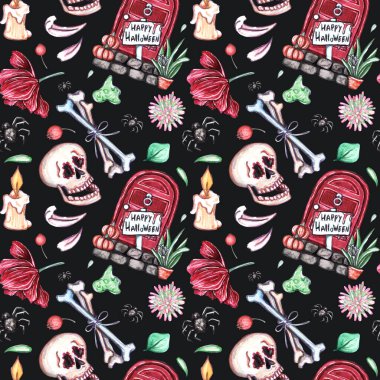 Cadılar Bayramı temasında suluboya desensiz. Kafatasları, kemikleri, balkabağı hayaletleri, yılanlar, örümcekler, iksirler, şekerler, yarasalar olan harika bir tasarım. Ölüler Günü 'nde Da de los Muertos kutlamaları var mı?