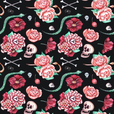 Cadılar Bayramı temasında suluboya desensiz. Kafatasları, kemikleri, balkabağı hayaletleri, yılanlar, örümcekler, iksirler, şekerler, yarasalar olan harika bir tasarım. Ölüler Günü 'nde Da de los Muertos kutlamaları var mı?