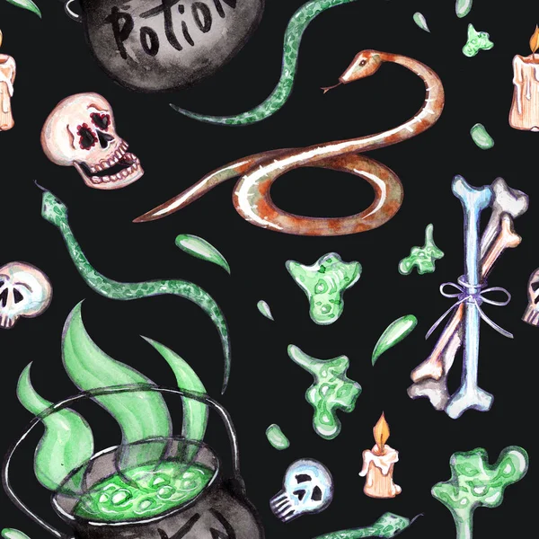 Akvarell Sömlöst Mönster Halloween Theme Great Design Med Dödskallar Ben — Stockfoto
