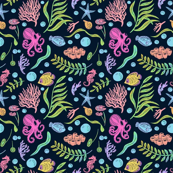 Colorful seamless pattern of under water life. Made of green and blue seaweed, leaves, pink, orange, purple corals, sea horses, air bubbles, yellow fish, octopuses