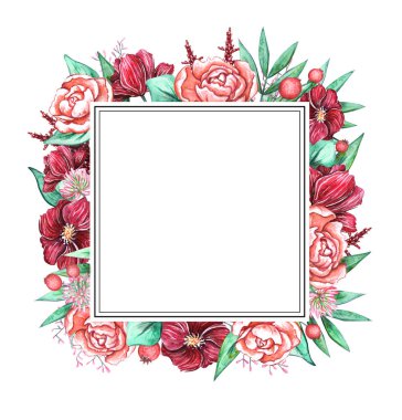 Suluboya çiçekli çerçeve elle çizilmiş. Parlak zarif çiçeklerle süslenmiş bir çerçeve. Şakayıklar. şakayıklar, yapraklar, vs. Davetiyeler, kartlar ya da çıkartmalar için harika
