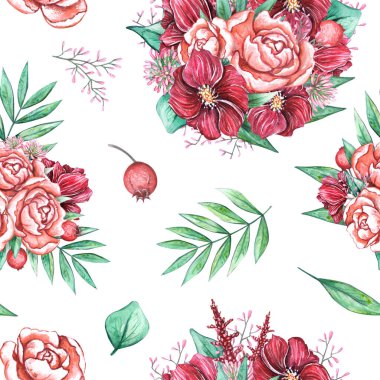 Elle çizilmiş çiçeklerle sulu boya deseni. Parlak zarif elementlere sahip çiçek arkaplanı - şakayıklar. şakayıklar, yapraklar, vs.