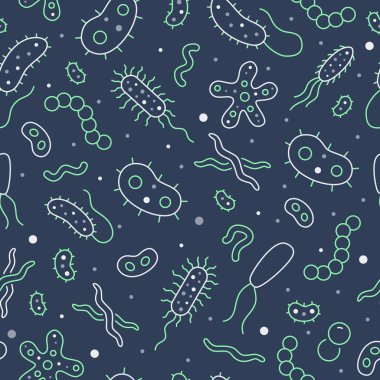 Bakteri, virüs, mikrop koyu ve pürüzsüz desen. Vektör arkaplanı mikroorganizma, mikroorganizma, bakteri, küf, hücre, mikrobiyoloji için probiyotik anahat pictogram olarak çizgi simgelerini içerir