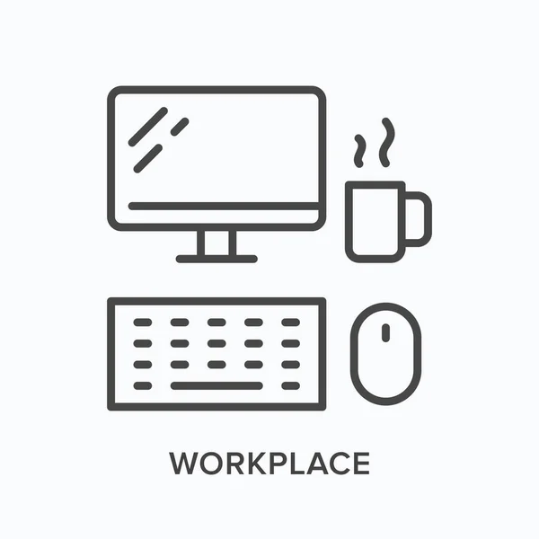 Icona della linea di lavoro. Computer monitor, tastiera, mouse e caffè tazza vettoriale illustrazione. Lavoro online desktop vista dall'alto segno lineare — Vettoriale Stock