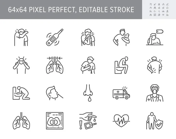 Coronavirus, flue virus symptoms line icons. Vector illustration included icon - cough, fever, lung ct scan, pneumonia prevention outline pictogram for infographic 64x64 Pixel Perfect Editable Stroke — Stock Vector