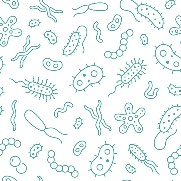 Bacterias, virus, microbios patrón sin fisuras. El fondo del vector incluyó iconos de línea como microorganismo, germen, moho, célula, pictograma del contorno del probiótico para la infografía microbiológica — Archivo Imágenes Vectoriales