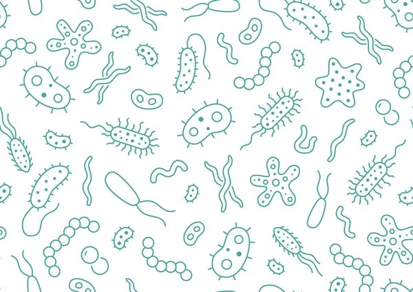 Bakteri, virus, pola mikroba mulus. Latar belakang vektor termasuk ikon garis sebagai mikroorganisme, kuman, cetakan, sel, piktogram garis besar probiotik untuk infografis mikrobiologi - Stok Vektor