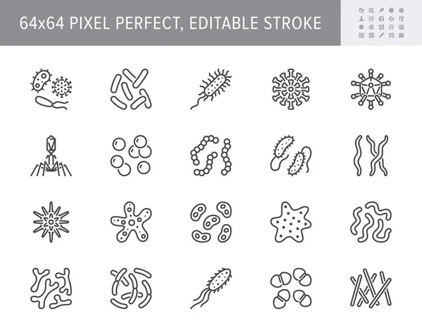Βακτήρια, ιός, εικονίδια γραμμής μικροβίων. Εικονογράφηση διάνυσμα περιλαμβάνονται εικονίδιο ως μικροοργανισμός, φύτρο, μούχλα, κύτταρο, προβιοτικό περίγραμμα εικονόγραμμα για μικροβιολογία infographic 64x64 Pixel Perfect Editable Stroke — Διανυσματικό Αρχείο