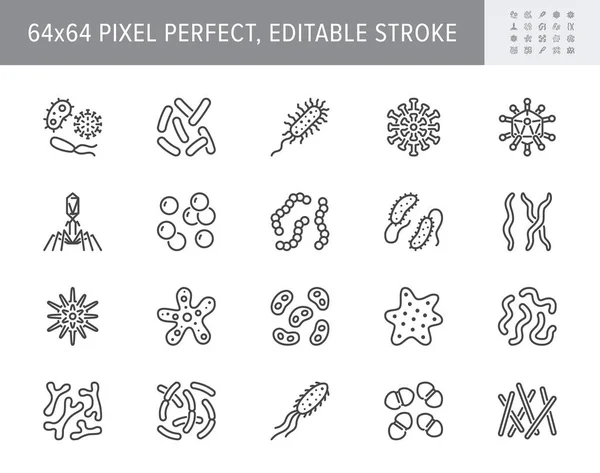 Bacteriën, virussen, microbe line iconen. Vector illustratie opgenomen pictogram als micro-organisme, kiem, schimmel, cel, probiotische schema pictogram voor microbiologie infographic 64x64 Pixel Perfect bewerkbare Stroke — Stockvector