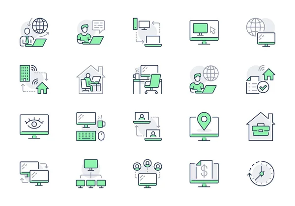 Work from home line icons. Vector illustration included icon as freelance worker with laptop, workspace, pc monitor, remote business outline pictogram for online job, green color — Stock Vector