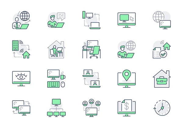 Werk vanuit de home line iconen. Vector illustratie opgenomen pictogram als freelance werknemer met laptop, werkruimte, pc monitor, remote business outline pictogram voor online baan, groene kleur — Stockvector