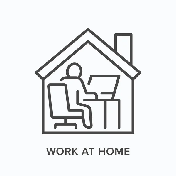 Man working on computer from home line icon. Freelance work, online education vector illustration. Person sitting in front of laptop at house office linear sign — Stock Vector