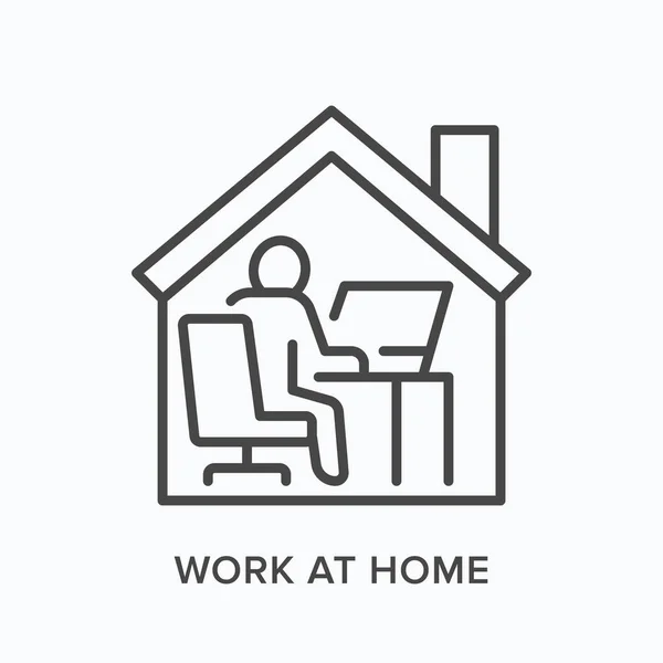 Orang yang mengerjakan komputer dari ikon home line. Pekerjaan lepas, online pendidikan vektor ilustrasi. Orang yang duduk di depan laptop di kantor rumah tanda linier - Stok Vektor