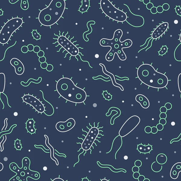 Bakterien, Viren, Mikroben dunkle nahtlose Muster. Vektor-Hintergrund enthielt Liniensymbole wie Mikroorganismus, Keim, Schimmel, Zelle, probiotische Umrisse Piktogramm für Mikrobiologie Infografik — Stockvektor