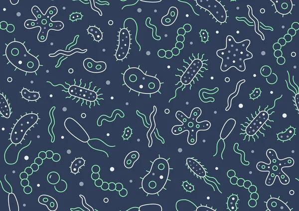 細菌ウイルス微生物ダークシームレスなパターン。ベクターの背景には、微生物、生殖、カビ、細胞、プロバイオティクスのアウトラインピクトグラムなどのラインアイコンが含まれていました。 — ストックベクタ