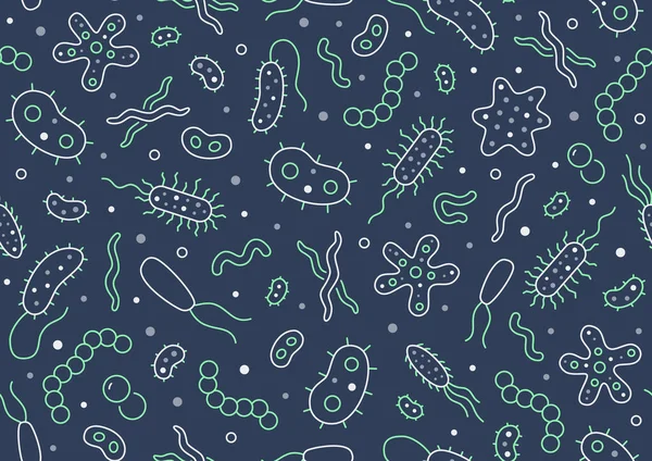 Bacterias, virus, microbios patrón inconsútil oscuro. El fondo del vector incluyó iconos de línea como microorganismo, germen, moho, célula, pictograma del contorno del probiótico para la infografía microbiológica — Vector de stock