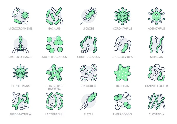 Bakterien, Viren, Mikrobenlinien-Symbole. Vektor Illustration enthalten Symbol als Mikroorganismus, Keim, Schimmel, Zelle, probiotische Umrisse Piktogramm für Mikrobiologie Infografik Grüne Farbe, editierbarer Strich — Stockvektor