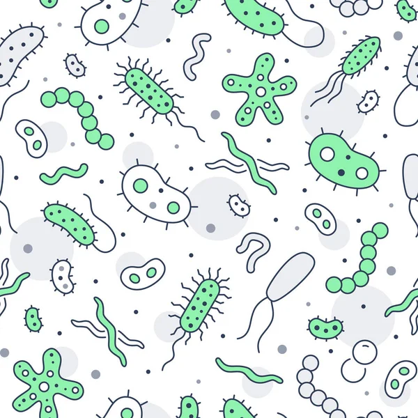 細菌、ウイルス、微生物の色のシームレスなパターン。ベクターの背景には、微生物、生殖、カビ、細胞、プロバイオティクスのアウトラインピクトグラムなどのラインアイコンが含まれていました。 — ストックベクタ