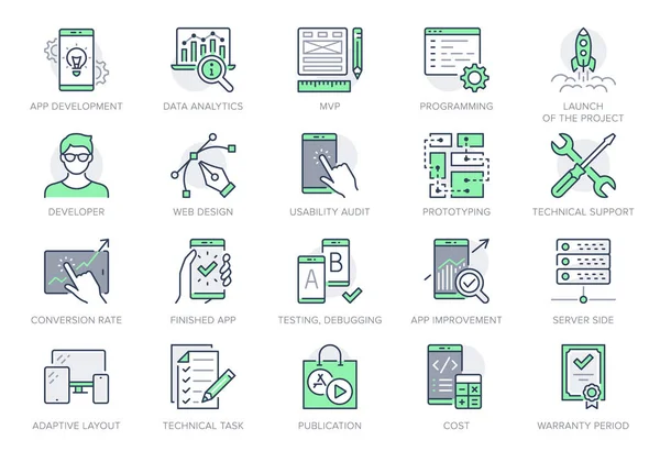 Ícones de linha de desenvolvimento de aplicações. Ilustração vetorial incluiu ícone como software móvel, prototipagem do aplicativo ux, pictograma de análise de dados para lançamento de inicialização na web. Cor verde, curso editável — Vetor de Stock