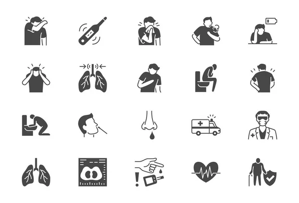 Coronavirus, flue virus symptoms flat icons. Vector illustration included icon as cough, fever, lung ct scan, pneumonia prevention black silhouette pictogram for medical infographic — Stock Vector