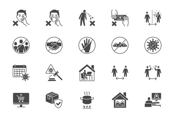 Iconos planos de prevención del Coronavirus. Ilustración vectorial incluyen icono - distancia social, violación de cuarentena, período de incubación, quedarse en casa pictograma silueta negro para la infografía médica — Vector de stock