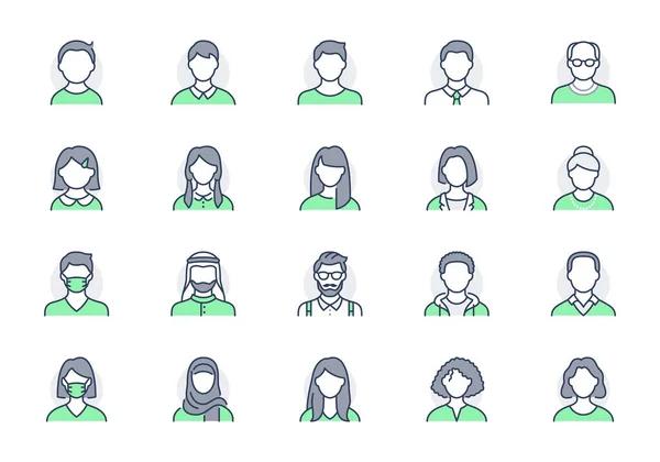 La gente avatar iconos de línea. La ilustración vectorial incluyó iconos como hombre, mujer, musulmán, adulto mayor, adulto y pictograma de contorno humano joven para el perfil del usuario. Carrera editable, color verde — Archivo Imágenes Vectoriales