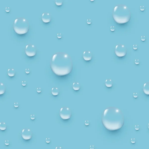 Waterdruppels naadloos patroon. Realistische vectorachtergrond met 3d druppels op blauw oppervlak. Heldere aqua textuur — Stockvector