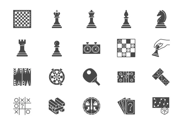Juegos de mesa iconos planos. Ilustración vectorial incluido icono como ajedrez, damas, pictograma de silueta de dominó para tienda de entretenimiento de mesa — Vector de stock