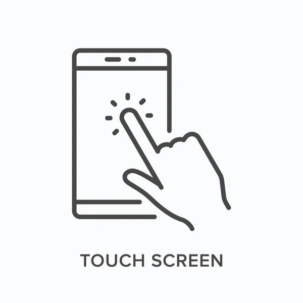 Smartphone line icon. Vector outline illustration of finger touching mobile phone screen. Technology, gadget touchscreen thin linear pictogram — Stock Vector