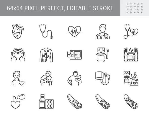 Ícones da linha de cardiologia. Ilustração vetorial incluiu ícone como ataque cardíaco, ecg, médico, marca-passo, desfibrilador esboço pictograma para clínica cardiovascular. 64x64 Pixel perfeito curso editável — Vetor de Stock