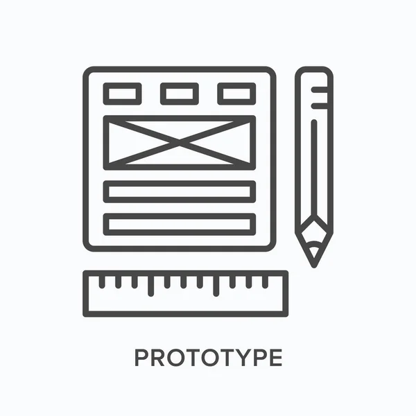 Sitio web prototipo de línea plana icono. Ilustración del esquema vectorial del diseño de la aplicación con lápiz y regla. Desarrollo de software, ui pictograma lineal delgado — Archivo Imágenes Vectoriales