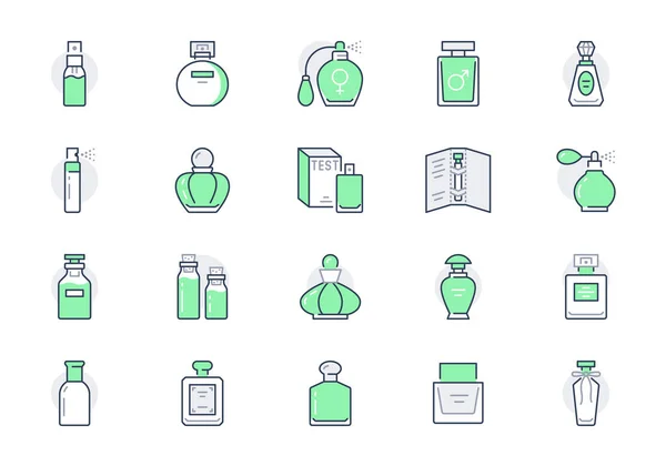 Botellas de perfume línea iconos. La ilustración vectorial incluyó icono como pulverizador de vidrio, muestreador de parfum de lujo, aceite esencial, pictograma de contorno de colonia para tienda de cosméticos. Color verde, Carrera editable — Archivo Imágenes Vectoriales